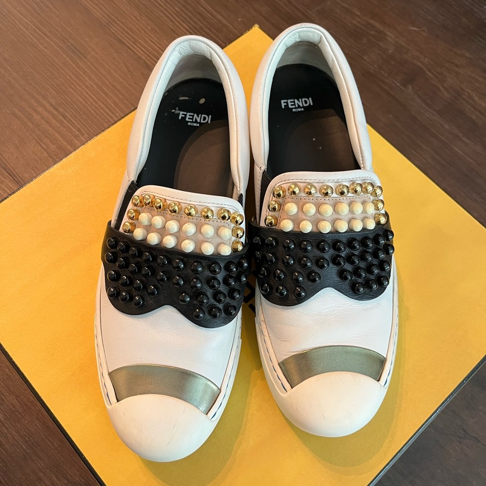 Fendi 36 Karl Loves Fendi Studded Slip-On Leather Sneaker